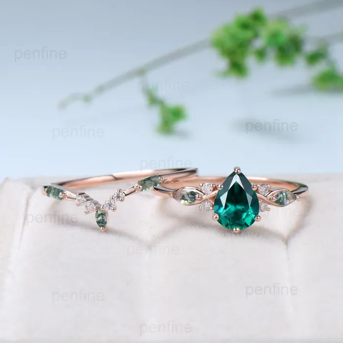Rings PENFINE Vintage Pear Shaped Emerald Engagement Ring Set Unique 14k Rose Gold Vine Marquise Baguette Moss Agate Wedding Ring Set Ring Promise Gift Rings PENFINE Vintage Pear Shaped Emerald Engagement Ring Set Unique 14k Rose Gold Vine Marquise Baguette Moss Agate Wedding Ring Set Ring Promise Gift