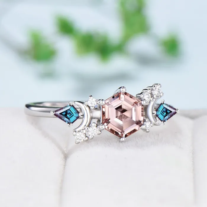 Rings PENFINE Vintage pink morganite engagement ring crescent moon hexagon morganite wedding ring Unique cluster kite alexandrite anniversary ring gift Rings PENFINE Vintage pink morganite engagement ring crescent moon hexagon morganite wedding ring Unique cluster kite alexandrite anniversary ring gift