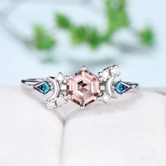 Rings PENFINE Vintage pink morganite engagement ring crescent moon hexagon morganite wedding ring Unique cluster kite alexandrite anniversary ring gift Rings PENFINE Vintage pink morganite engagement ring crescent moon hexagon morganite wedding ring Unique cluster kite alexandrite anniversary ring gift