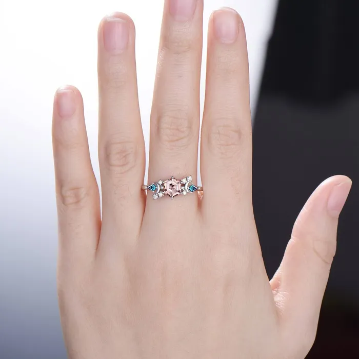 Rings PENFINE Vintage pink morganite engagement ring crescent moon hexagon morganite wedding ring Unique cluster kite alexandrite anniversary ring gift Rings PENFINE Vintage pink morganite engagement ring crescent moon hexagon morganite wedding ring Unique cluster kite alexandrite anniversary ring gift