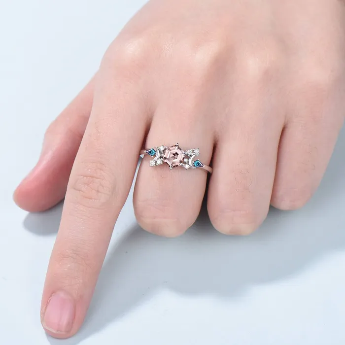 Rings PENFINE Vintage pink morganite engagement ring crescent moon hexagon morganite wedding ring Unique cluster kite alexandrite anniversary ring gift Rings PENFINE Vintage pink morganite engagement ring crescent moon hexagon morganite wedding ring Unique cluster kite alexandrite anniversary ring gift