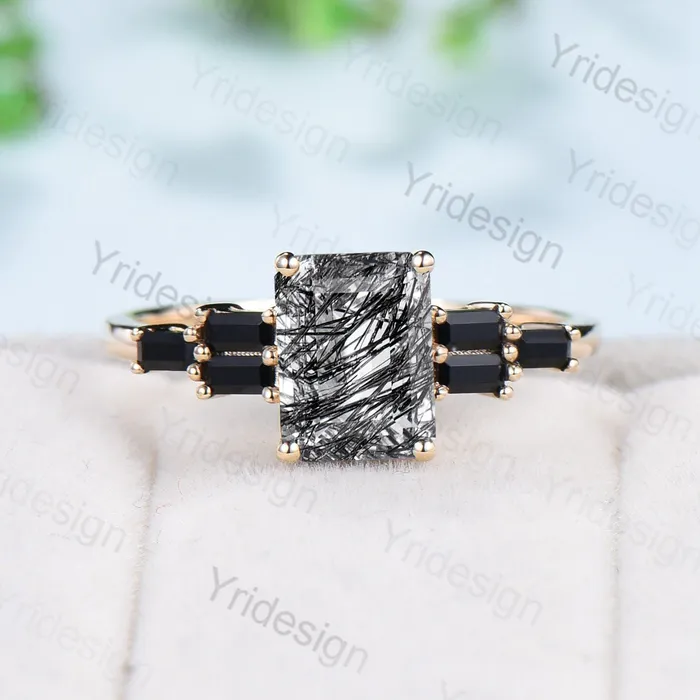Rings Unique Emerald Cut Black Rutilated Quartz Engagement Ring Cluster Baguette Black Spinel Wedding Ring Healing Crystal Anniversary Gifts Women PENFINE Rings Unique Emerald Cut Black Rutilated Quartz Engagement Ring Cluster Baguette Black Spinel Wedding Ring Healing Crystal Anniversary Gifts Women PENFINE