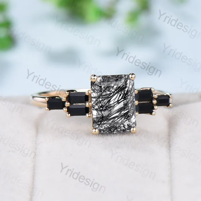Rings Unique Emerald Cut Black Rutilated Quartz Engagement Ring Cluster Baguette Black Spinel Wedding Ring Healing Crystal Anniversary Gifts Women PENFINE Rings Unique Emerald Cut Black Rutilated Quartz Engagement Ring Cluster Baguette Black Spinel Wedding Ring Healing Crystal Anniversary Gifts Women PENFINE
