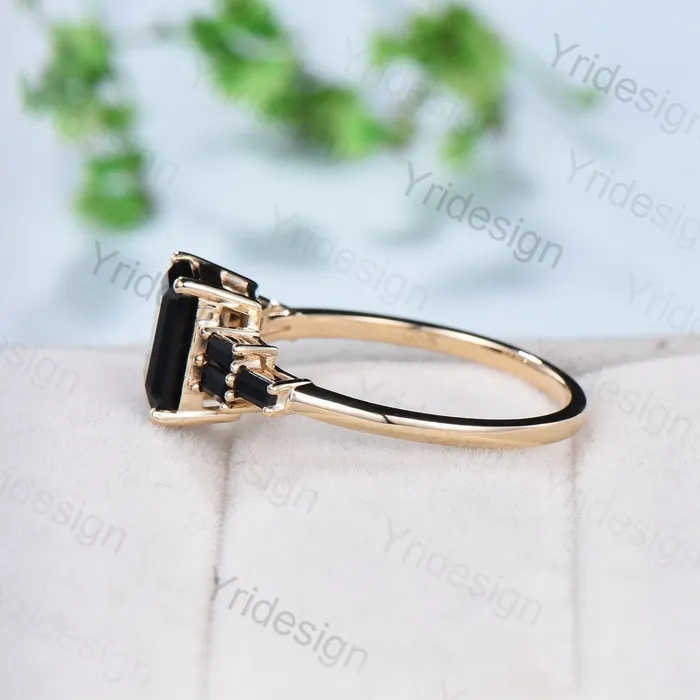 Rings Unique Emerald Cut Black Rutilated Quartz Engagement Ring Cluster Baguette Black Spinel Wedding Ring Healing Crystal Anniversary Gifts Women PENFINE Rings Unique Emerald Cut Black Rutilated Quartz Engagement Ring Cluster Baguette Black Spinel Wedding Ring Healing Crystal Anniversary Gifts Women PENFINE