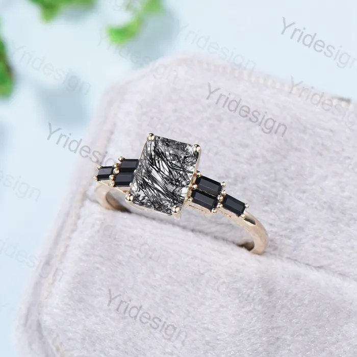 Rings Unique Emerald Cut Black Rutilated Quartz Engagement Ring Cluster Baguette Black Spinel Wedding Ring Healing Crystal Anniversary Gifts Women PENFINE Rings Unique Emerald Cut Black Rutilated Quartz Engagement Ring Cluster Baguette Black Spinel Wedding Ring Healing Crystal Anniversary Gifts Women PENFINE