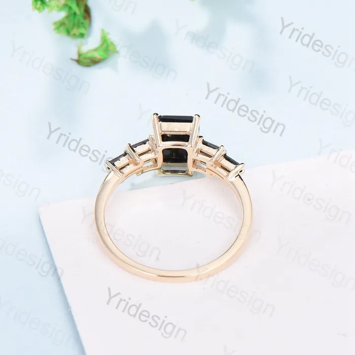 Rings Unique Emerald Cut Black Rutilated Quartz Engagement Ring Cluster Baguette Black Spinel Wedding Ring Healing Crystal Anniversary Gifts Women PENFINE Rings Unique Emerald Cut Black Rutilated Quartz Engagement Ring Cluster Baguette Black Spinel Wedding Ring Healing Crystal Anniversary Gifts Women PENFINE