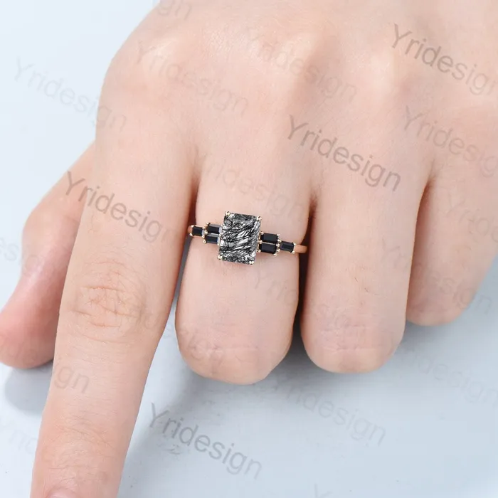 Rings Unique Emerald Cut Black Rutilated Quartz Engagement Ring Cluster Baguette Black Spinel Wedding Ring Healing Crystal Anniversary Gifts Women PENFINE Rings Unique Emerald Cut Black Rutilated Quartz Engagement Ring Cluster Baguette Black Spinel Wedding Ring Healing Crystal Anniversary Gifts Women PENFINE