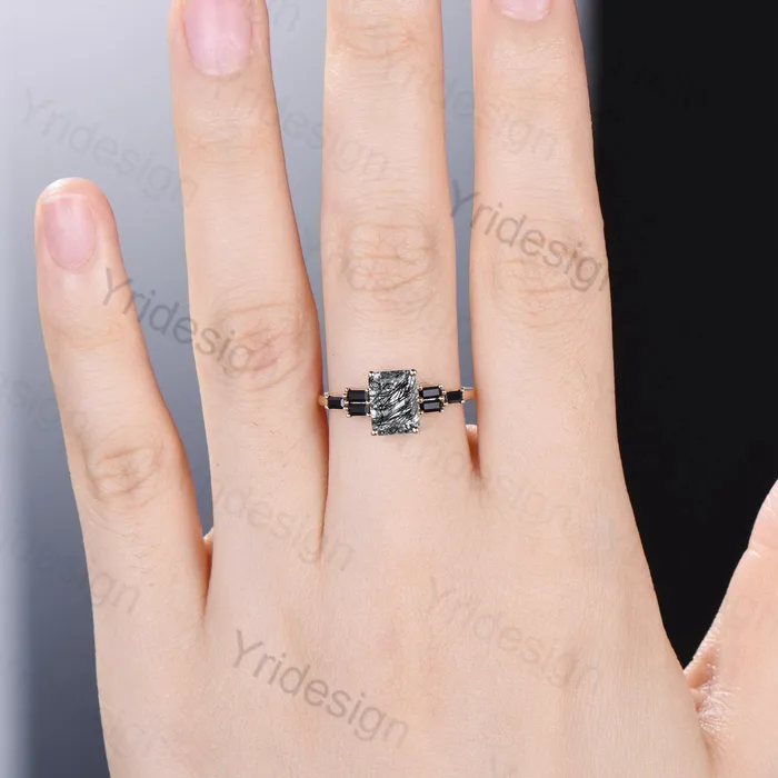 Rings Unique Emerald Cut Black Rutilated Quartz Engagement Ring Cluster Baguette Black Spinel Wedding Ring Healing Crystal Anniversary Gifts Women PENFINE Rings Unique Emerald Cut Black Rutilated Quartz Engagement Ring Cluster Baguette Black Spinel Wedding Ring Healing Crystal Anniversary Gifts Women PENFINE