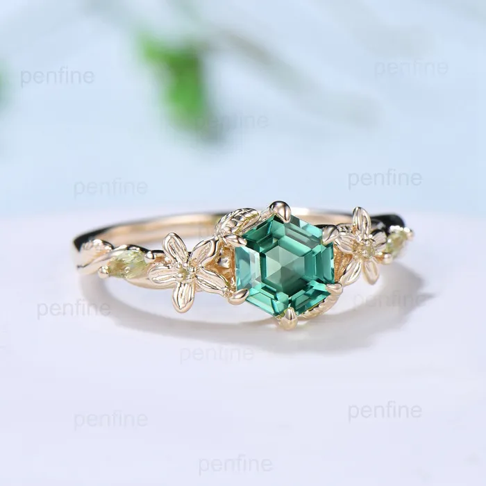 Vintage Green Sapphire Ring Elegant Floral Teal Sapphire Engagement Ring Leaf Marquise Peridot Wedding Women Natural inspired Promise Ring PENFINE Rings Vintage Green Sapphire Ring Elegant Floral Teal Sapphire Engagement Ring Leaf Marquise Peridot Wedding Women Natural inspired Promise Ring PENFINE Rings