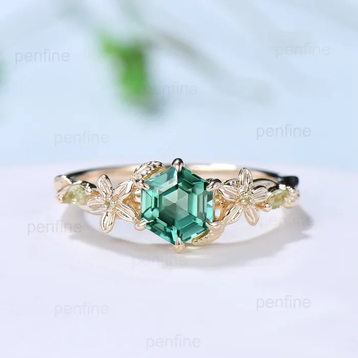 Vintage Green Sapphire Ring Elegant Floral Teal Sapphire Engagement Ring Leaf Marquise Peridot Wedding Women Natural inspired Promise Ring PENFINE Rings Vintage Green Sapphire Ring Elegant Floral Teal Sapphire Engagement Ring Leaf Marquise Peridot Wedding Women Natural inspired Promise Ring PENFINE Rings