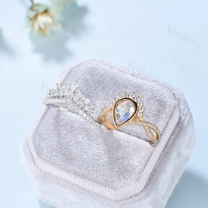 Vintage Pear moonstone engagement ring set twisted women wedding band bezel set moissanite Art deco rose gold promise Infinity wedding ring PENFINE Rings Vintage Pear moonstone engagement ring set twisted women wedding band bezel set moissanite Art deco rose gold promise Infinity wedding ring PENFINE Rings