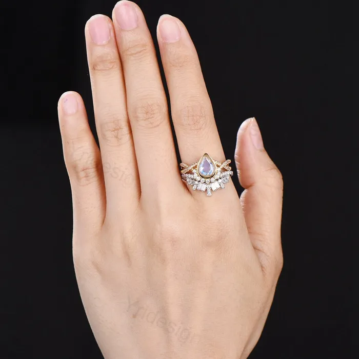 Vintage Pear moonstone engagement ring set twisted women wedding band bezel set moissanite Art deco rose gold promise Infinity wedding ring PENFINE Rings Vintage Pear moonstone engagement ring set twisted women wedding band bezel set moissanite Art deco rose gold promise Infinity wedding ring PENFINE Rings