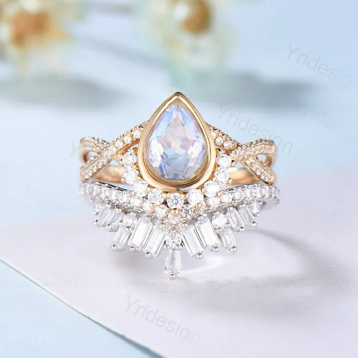 Vintage Pear moonstone engagement ring set twisted women wedding band bezel set moissanite Art deco rose gold promise Infinity wedding ring PENFINE Rings Vintage Pear moonstone engagement ring set twisted women wedding band bezel set moissanite Art deco rose gold promise Infinity wedding ring PENFINE Rings