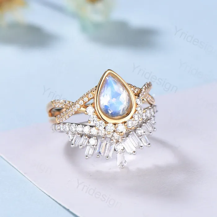 Vintage Pear moonstone engagement ring set twisted women wedding band bezel set moissanite Art deco rose gold promise Infinity wedding ring PENFINE Rings Vintage Pear moonstone engagement ring set twisted women wedding band bezel set moissanite Art deco rose gold promise Infinity wedding ring PENFINE Rings