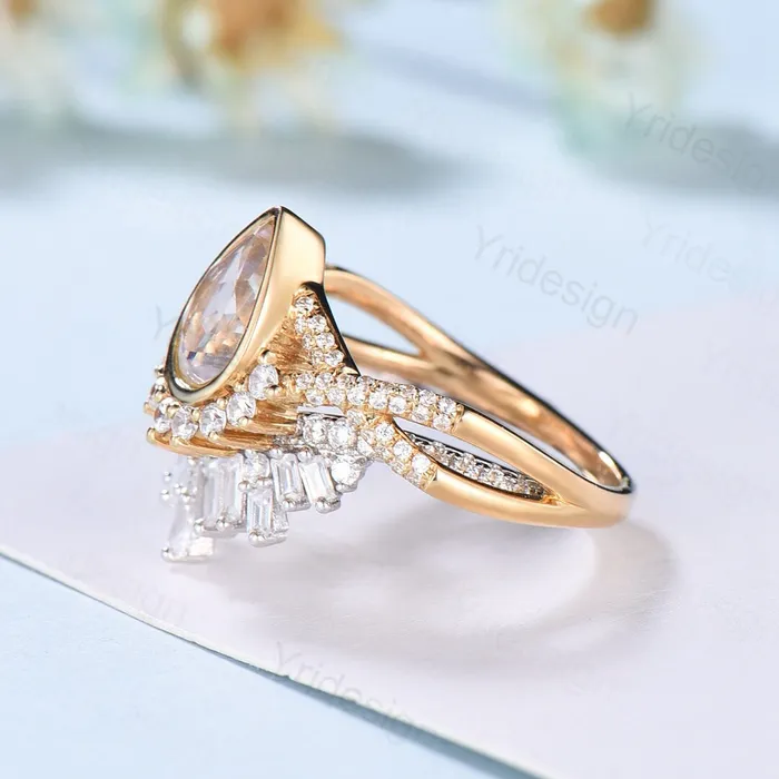 Vintage Pear moonstone engagement ring set twisted women wedding band bezel set moissanite Art deco rose gold promise Infinity wedding ring PENFINE Rings Vintage Pear moonstone engagement ring set twisted women wedding band bezel set moissanite Art deco rose gold promise Infinity wedding ring PENFINE Rings