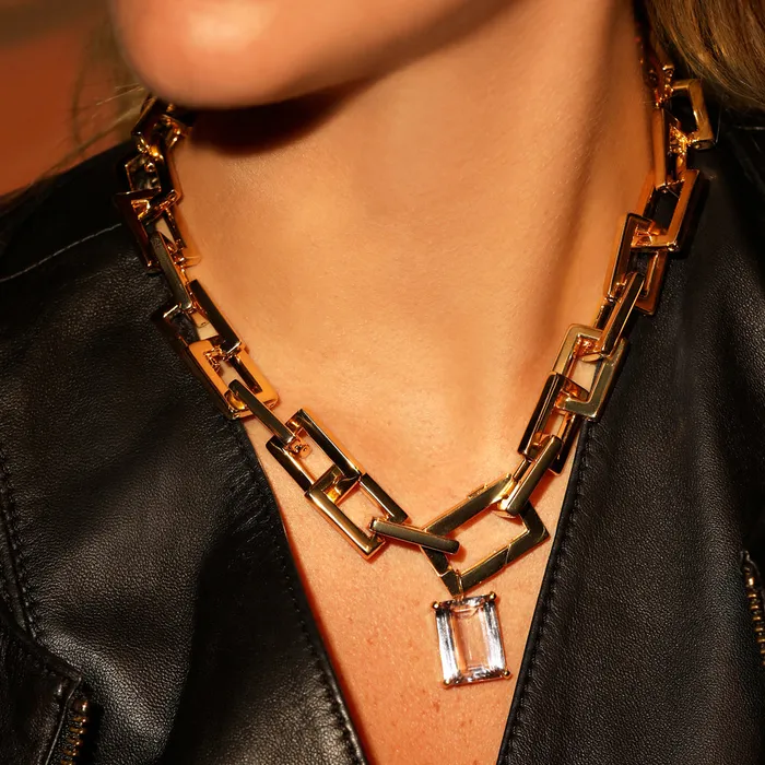 LARGE ROCK RECTANGLE PENDANT IN 18K YELLOW GOLD PLATED SILVER WITH AMETHYST Jack Vartanian Necklaces