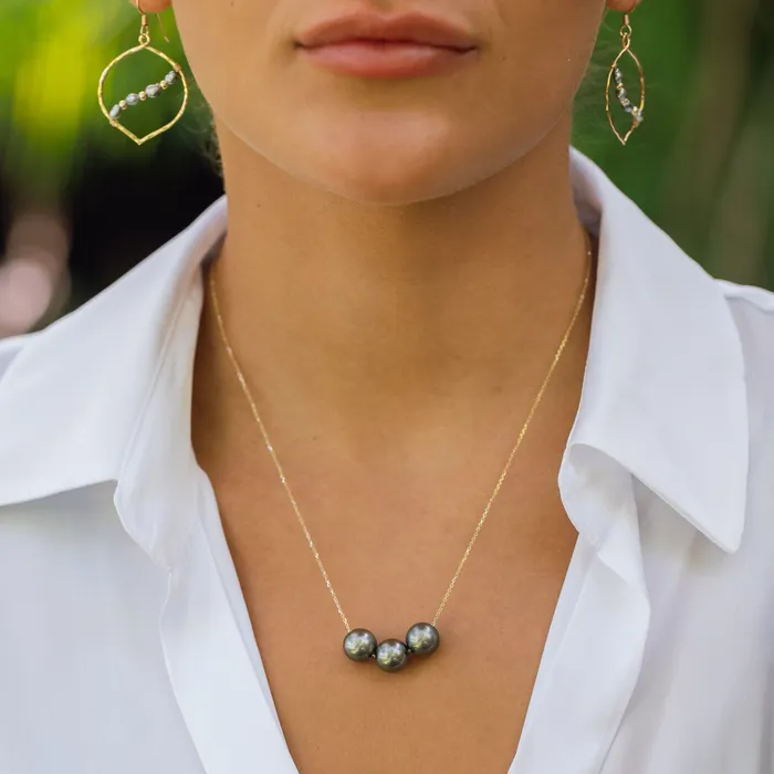 misha hawaii Floating Triple Tahitian Pearl Necklace 14kt Gold Necklaces misha hawaii Floating Triple Tahitian Pearl Necklace 14kt Gold Necklaces