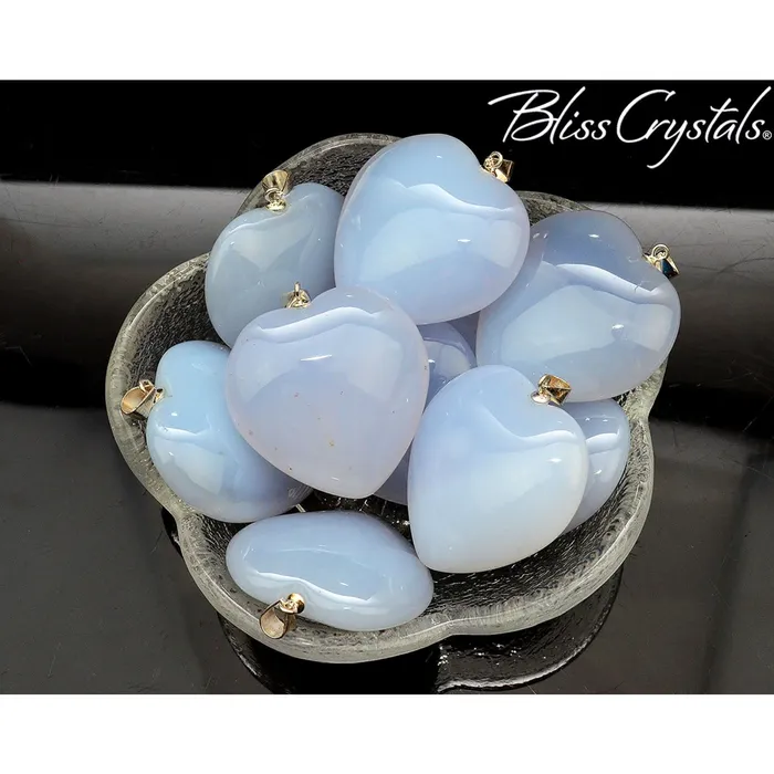 Necklaces Bliss Crystals BLUE CHALCEDONY Heart Pendant with Sterling Silver Bale BC45 Necklaces Bliss Crystals BLUE CHALCEDONY Heart Pendant with Sterling Silver Bale BC45
