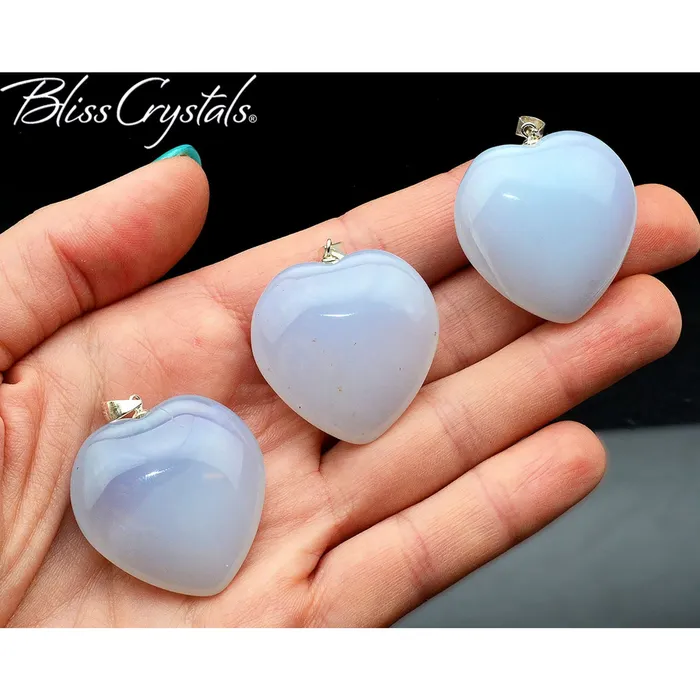 Necklaces Bliss Crystals BLUE CHALCEDONY Heart Pendant with Sterling Silver Bale BC45