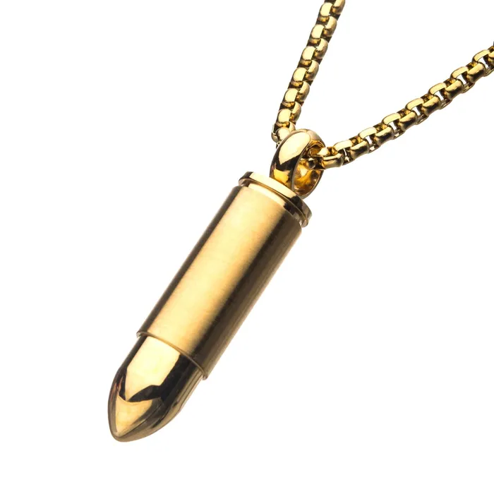 Necklaces INOX JEWELRY Golden Tone Stainless Steel Memorial Bullet Pendant with Chain