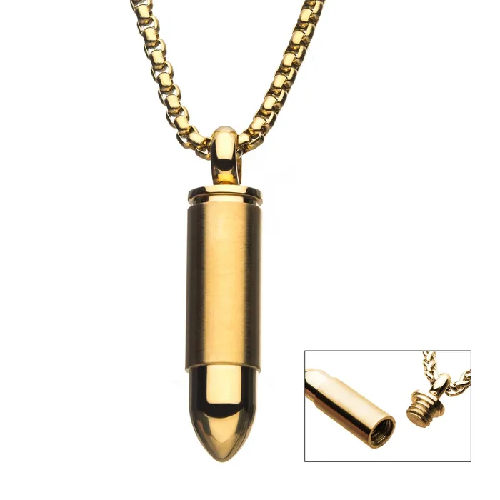 Necklaces INOX JEWELRY Golden Tone Stainless Steel Memorial Bullet Pendant with Chain