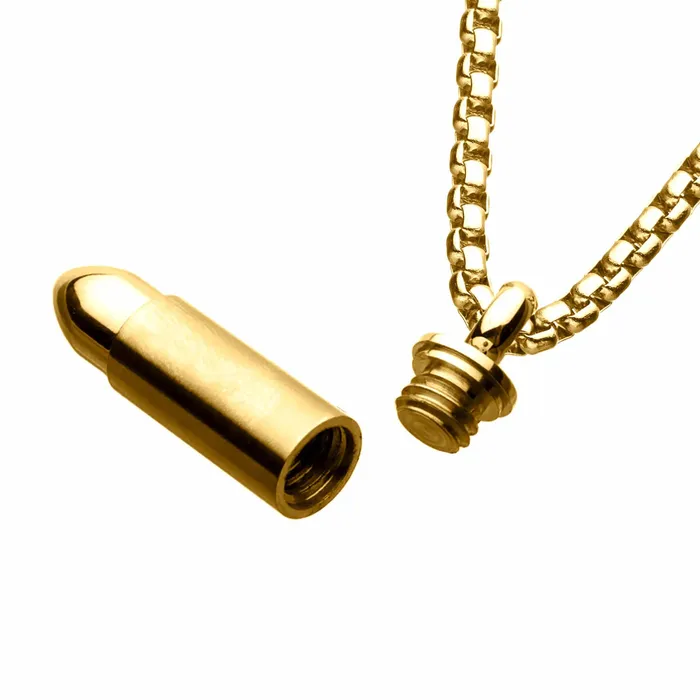 Necklaces INOX JEWELRY Golden Tone Stainless Steel Memorial Bullet Pendant with Chain