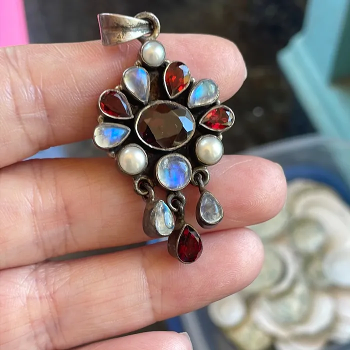 Vintage Paris Jewelry Necklaces Garnet Moonstone Pearl Pendant Sterling Silver Vintage Vintage Paris Jewelry Necklaces Garnet Moonstone Pearl Pendant Sterling Silver Vintage