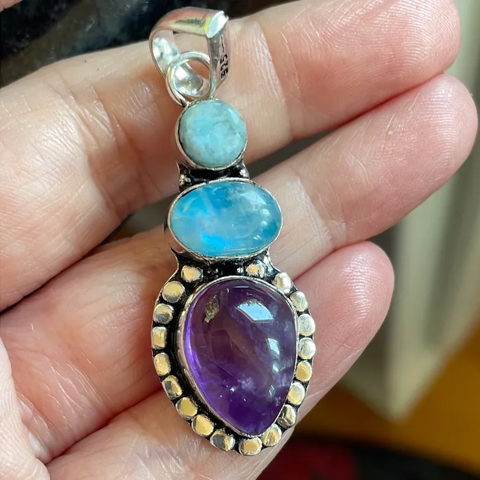Vintage Paris Jewelry Necklaces Moonstone Amethyst and Larimar Pendant Sterling Silver Vintage