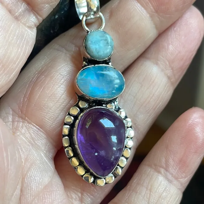 Vintage Paris Jewelry Necklaces Moonstone Amethyst and Larimar Pendant Sterling Silver Vintage Vintage Paris Jewelry Necklaces Moonstone Amethyst and Larimar Pendant Sterling Silver Vintage