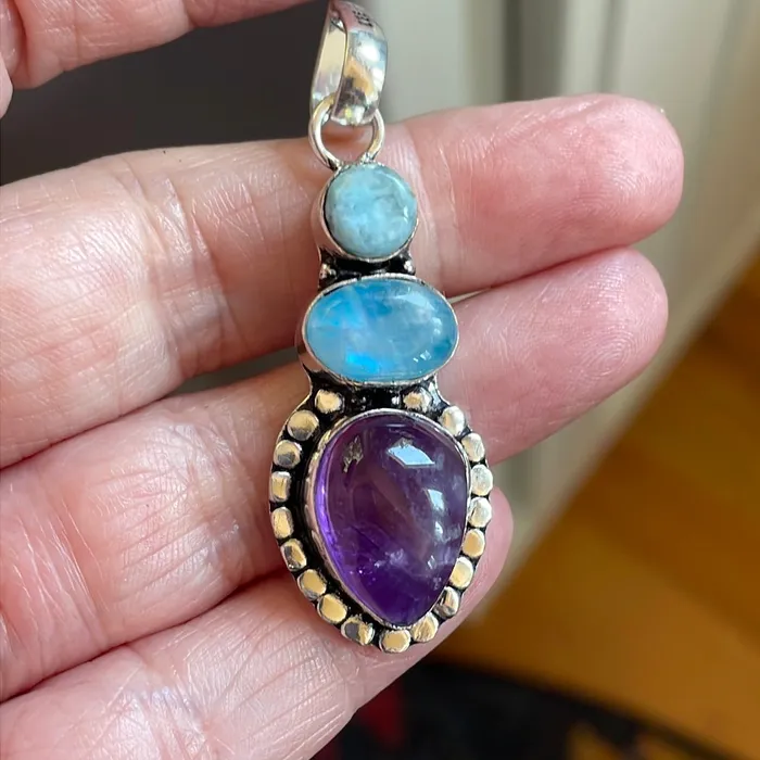 Vintage Paris Jewelry Necklaces Moonstone Amethyst and Larimar Pendant Sterling Silver Vintage Vintage Paris Jewelry Necklaces Moonstone Amethyst and Larimar Pendant Sterling Silver Vintage