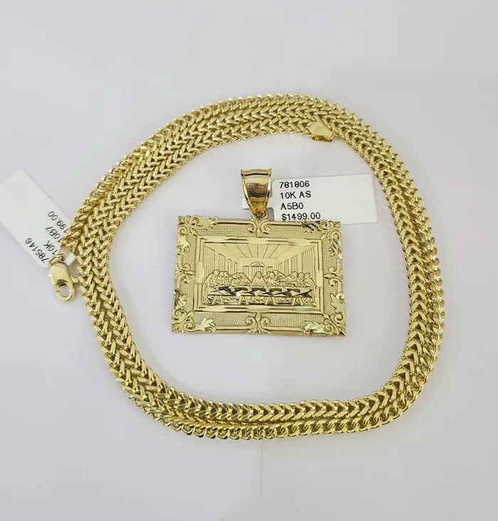 10K Franco Chain Last Supper Pendant Charm Necklace 2026 3mm Yellow Gold SET Gold and Diamond Necklaces