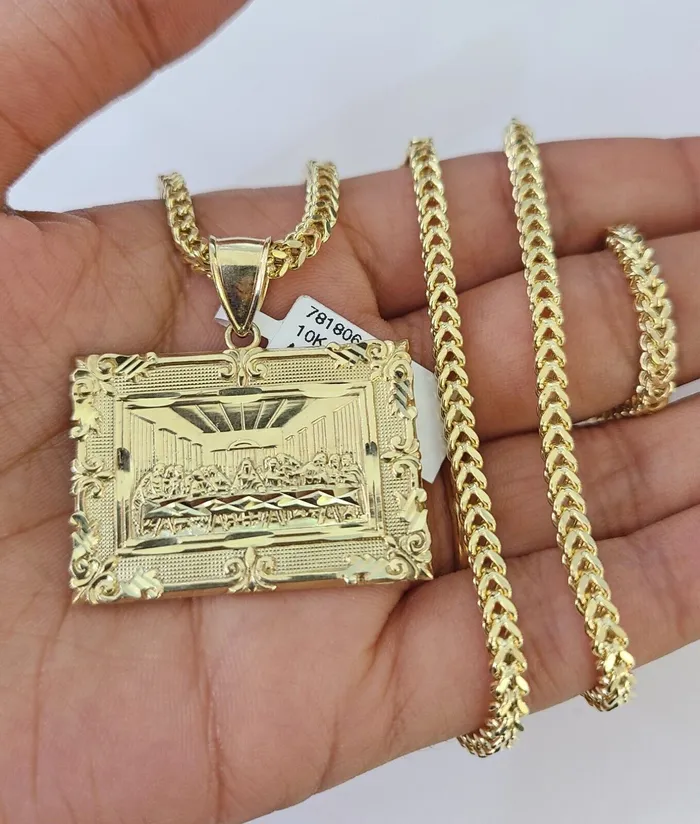 10K Franco Chain Last Supper Pendant Charm Necklace 2026 3mm Yellow Gold SET Gold and Diamond Necklaces