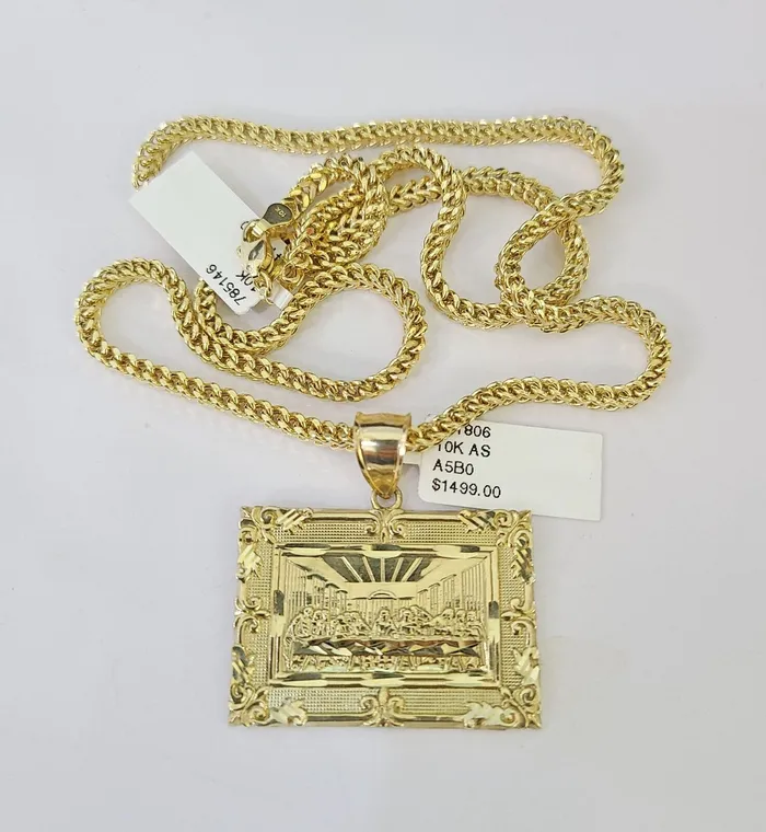 10K Franco Chain Last Supper Pendant Charm Necklace 2026 3mm Yellow Gold SET Gold and Diamond Necklaces