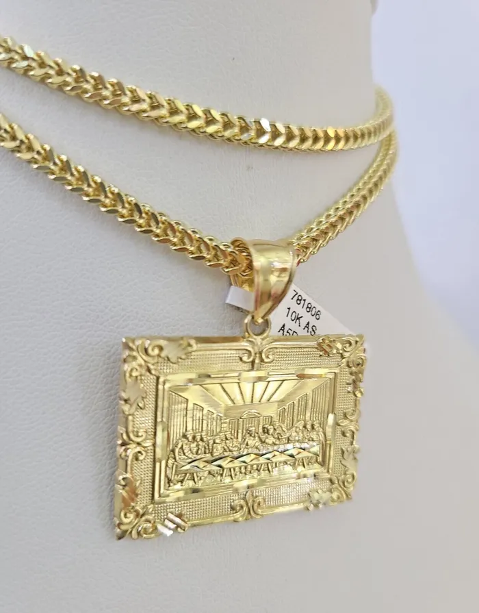 10K Franco Chain Last Supper Pendant Charm Necklace 2026 3mm Yellow Gold SET Gold and Diamond Necklaces