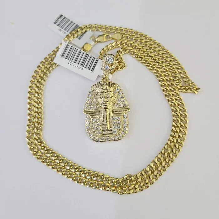10k Miami Cuban Chain Pharaoh Charm Set 4mm 1828 Necklace Pendant Gold Globalwatches10 Necklaces 10k Miami Cuban Chain Pharaoh Charm Set 4mm 1828 Necklace Pendant Gold Globalwatches10 Necklaces