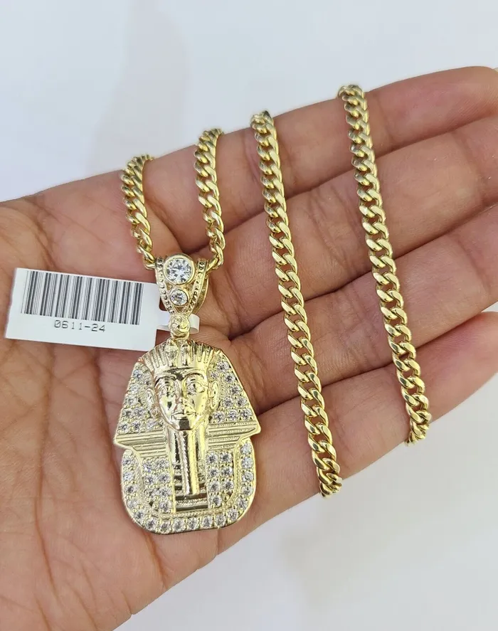 10k Miami Cuban Chain Pharaoh Charm Set 4mm 1828 Necklace Pendant Gold Globalwatches10 Necklaces