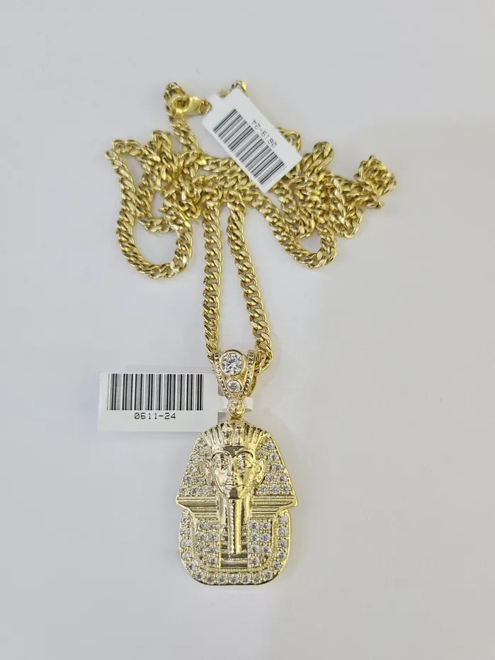 10k Miami Cuban Chain Pharaoh Charm Set 4mm 1828 Necklace Pendant Gold Globalwatches10 Necklaces