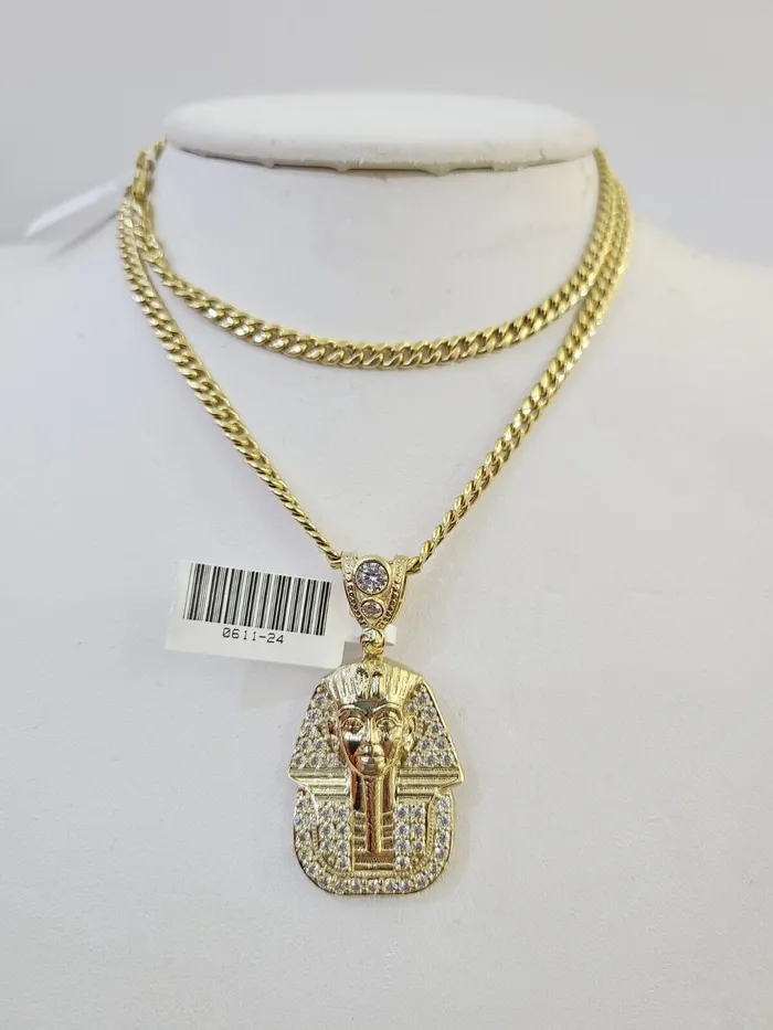 10k Miami Cuban Chain Pharaoh Charm Set 4mm 1828 Necklace Pendant Gold Globalwatches10 Necklaces