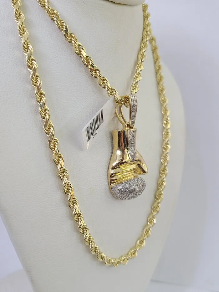 10k Solid Rope Chain Boxing Gloves Charm Diamond Set 4mm 2028 Necklace Gold globalwatches10 Necklaces