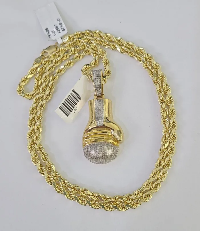 10k Solid Rope Chain Boxing Gloves Charm Diamond Set 4mm 2028 Necklace Gold globalwatches10 Necklaces