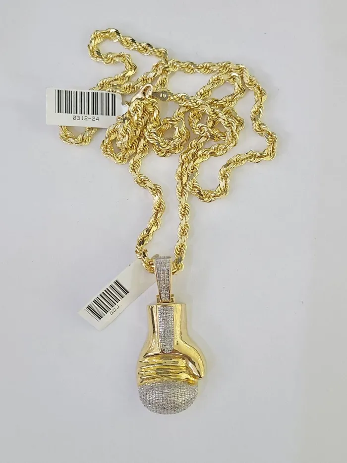 10k Solid Rope Chain Boxing Gloves Charm Diamond Set 4mm 2028 Necklace Gold globalwatches10 Necklaces