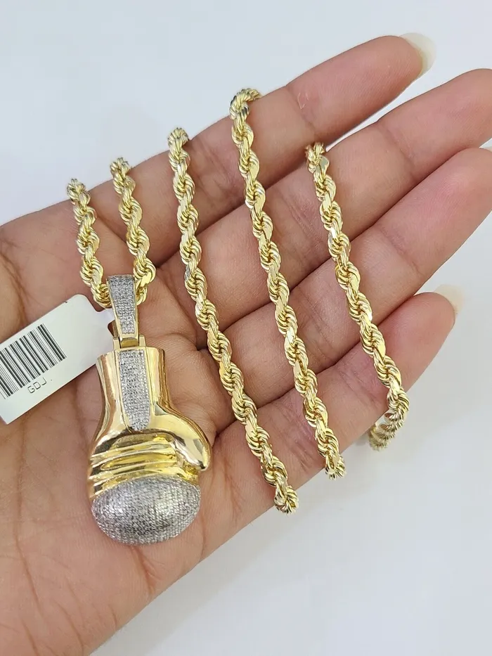 10k Solid Rope Chain Boxing Gloves Charm Diamond Set 4mm 2028 Necklace Gold globalwatches10 Necklaces