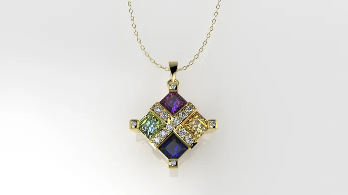 14K Gold Pendant with 18 Color Stones STT Prong and Bezel Princess Style Cut Chanel Only Pendant Jcm 21 jewelry Necklaces 14K Gold Pendant with 18 Color Stones STT Prong and Bezel Princess Style Cut Chanel Only Pendant Jcm 21 jewelry Necklaces