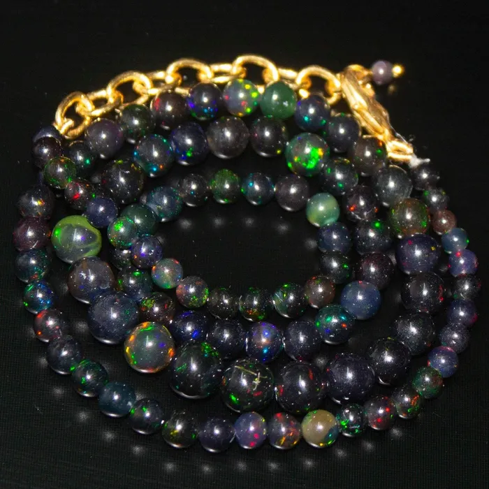 Black Ethiopian Opal Gemstone Gold Filled Round Ball Beads Necklace 3mm 7mm 18 Beads Supplies USA Necklaces