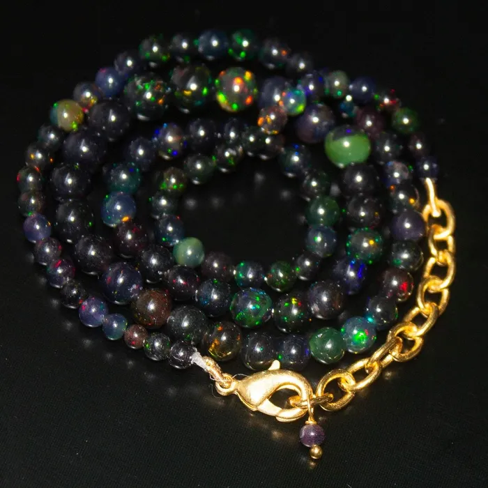 Black Ethiopian Opal Gemstone Gold Filled Round Ball Beads Necklace 3mm 7mm 18 Beads Supplies USA Necklaces