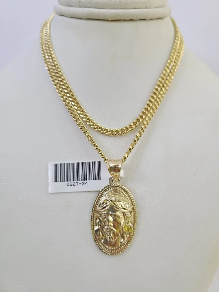 Gold and Diamond Necklaces 10K Gold Miami Cuban Chain Jesus Head 1828 3mm Pendant Necklace SET Charm Gold and Diamond Necklaces 10K Gold Miami Cuban Chain Jesus Head 1828 3mm Pendant Necklace SET Charm