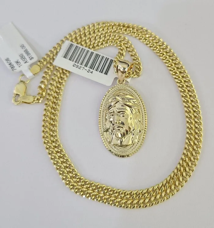 Gold and Diamond Necklaces 10K Gold Miami Cuban Chain Jesus Head 1828 3mm Pendant Necklace SET Charm