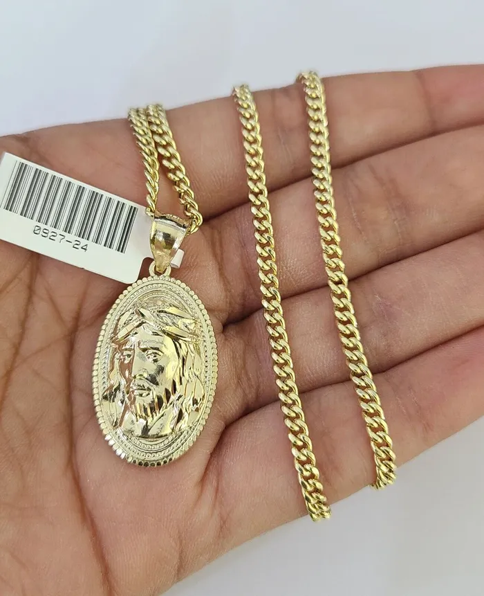 Gold and Diamond Necklaces 10K Gold Miami Cuban Chain Jesus Head 1828 3mm Pendant Necklace SET Charm