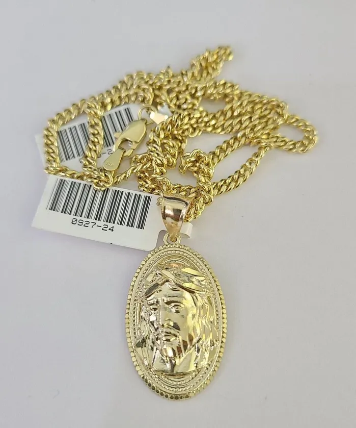 Gold and Diamond Necklaces 10K Gold Miami Cuban Chain Jesus Head 1828 3mm Pendant Necklace SET Charm