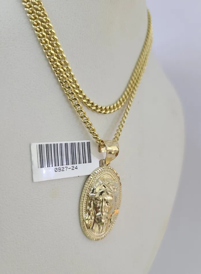 Gold and Diamond Necklaces 10K Gold Miami Cuban Chain Jesus Head 1828 3mm Pendant Necklace SET Charm